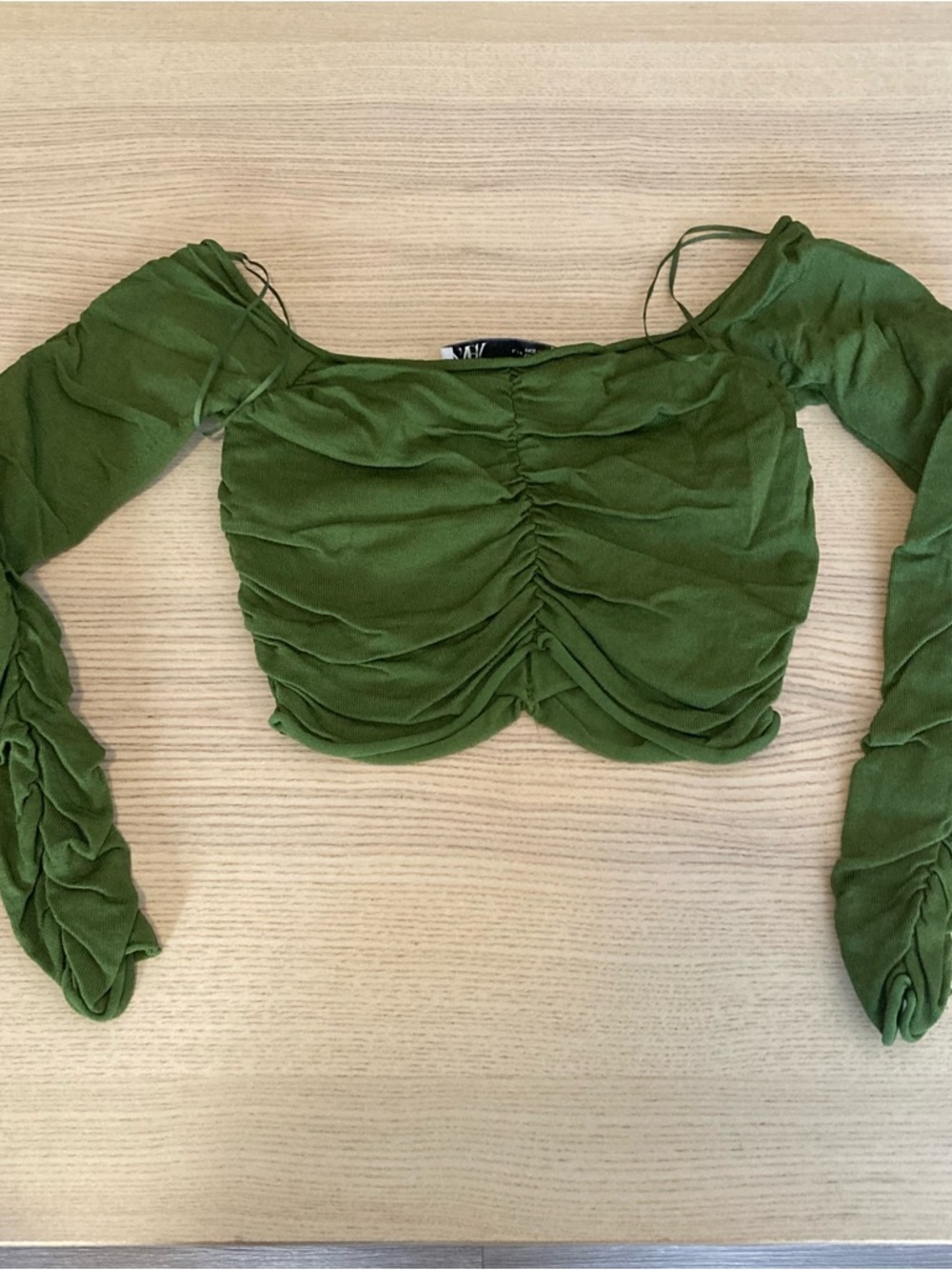 Zara Green Off Shoulder Crop Top Runch Sleeve Cotton Smocked Size Small
